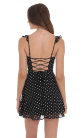 Polka Dot Ruffle Strap A-Line Dress in Black